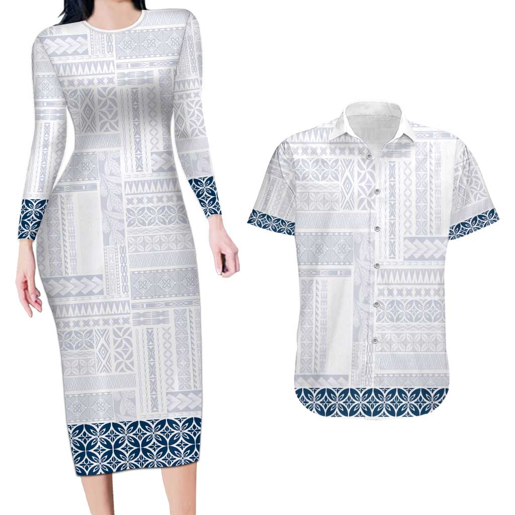 Samoa Siapo Blue Trimmed Couples Matching Long Sleeve Bodycon Dress and Hawaiian Shirt Samoa White Sunday - Polynesian Pride