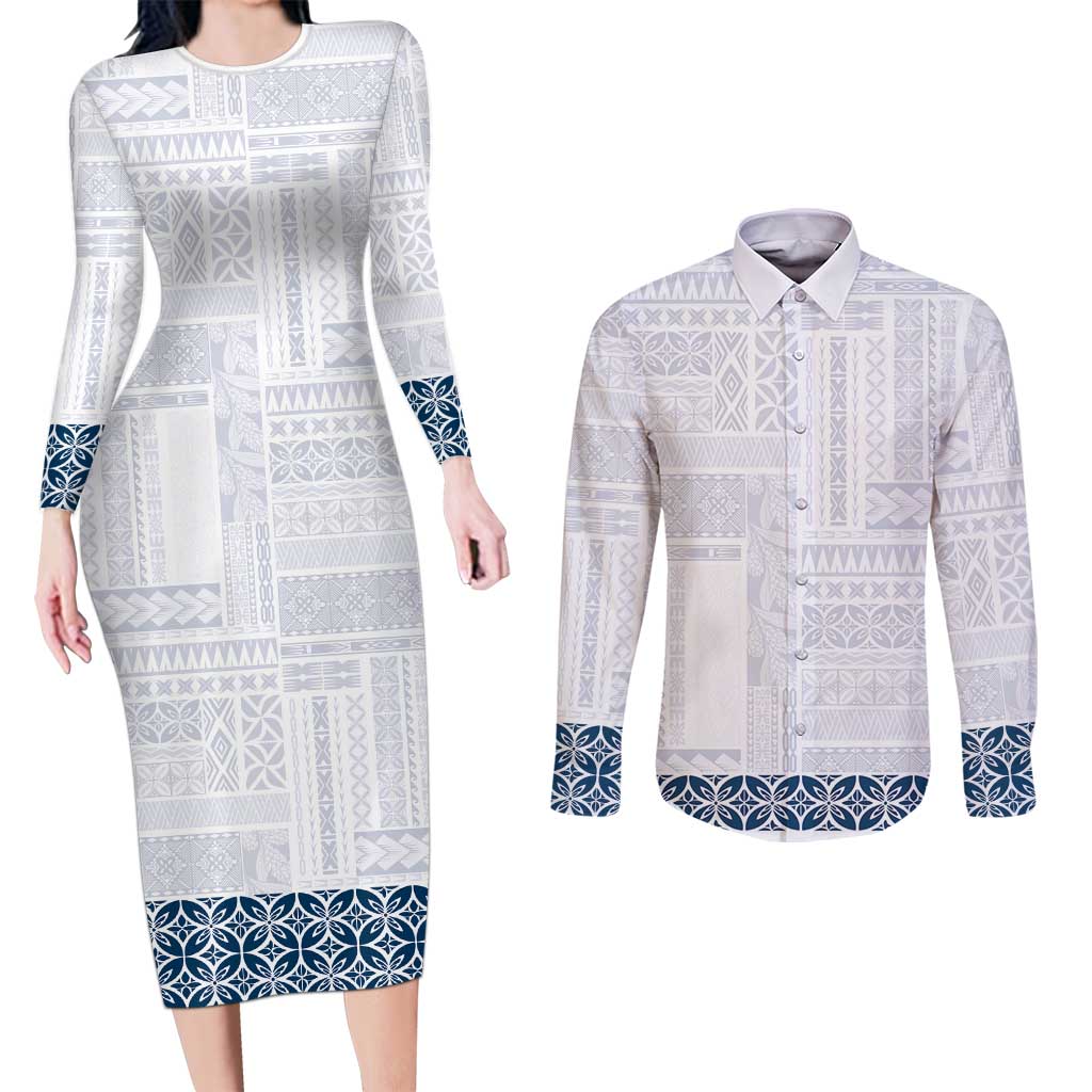 Samoa Siapo Blue Trimmed Couples Matching Long Sleeve Bodycon Dress and Long Sleeve Button Shirt Samoa White Sunday - Polynesian Pride