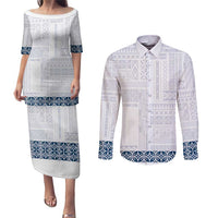 Samoa Siapo Blue Trimmed Couples Matching Puletasi and Long Sleeve Button Shirt Samoa White Sunday - Polynesian Pride