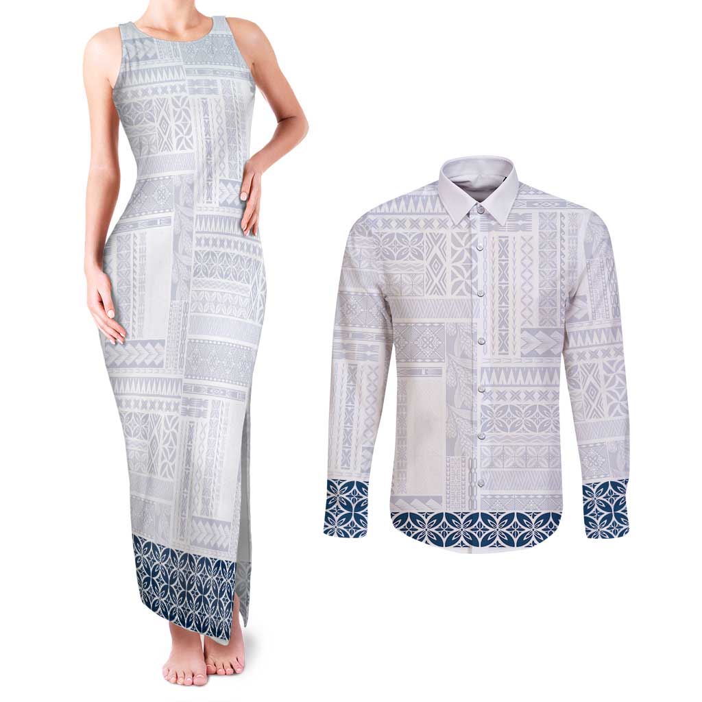 Samoa Siapo Blue Trimmed Couples Matching Tank Maxi Dress and Long Sleeve Button Shirt Samoa White Sunday - Polynesian Pride