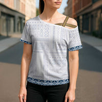 Samoa Siapo Blue Trimmed Cross Shoulder Shirt Samoa White Sunday - Polynesian Pride