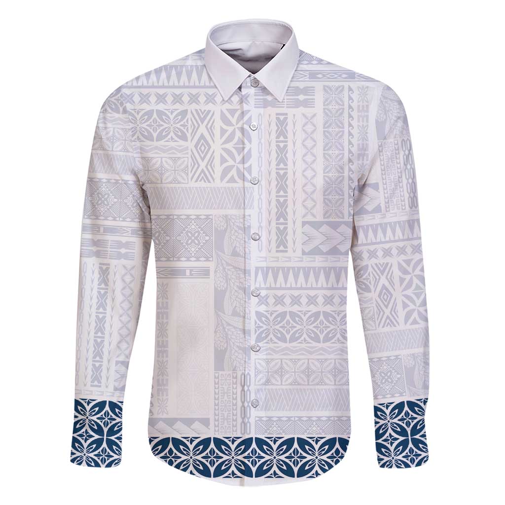 Samoa Siapo Blue Trimmed Family Matching Long Sleeve Bodycon Dress and Hawaiian Shirt Samoa White Sunday - Polynesian Pride