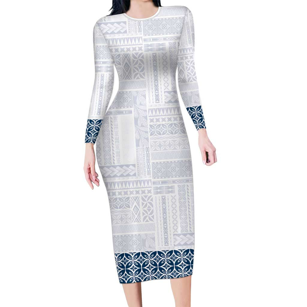 Samoa Siapo Blue Trimmed Family Matching Long Sleeve Bodycon Dress and Hawaiian Shirt Samoa White Sunday - Polynesian Pride