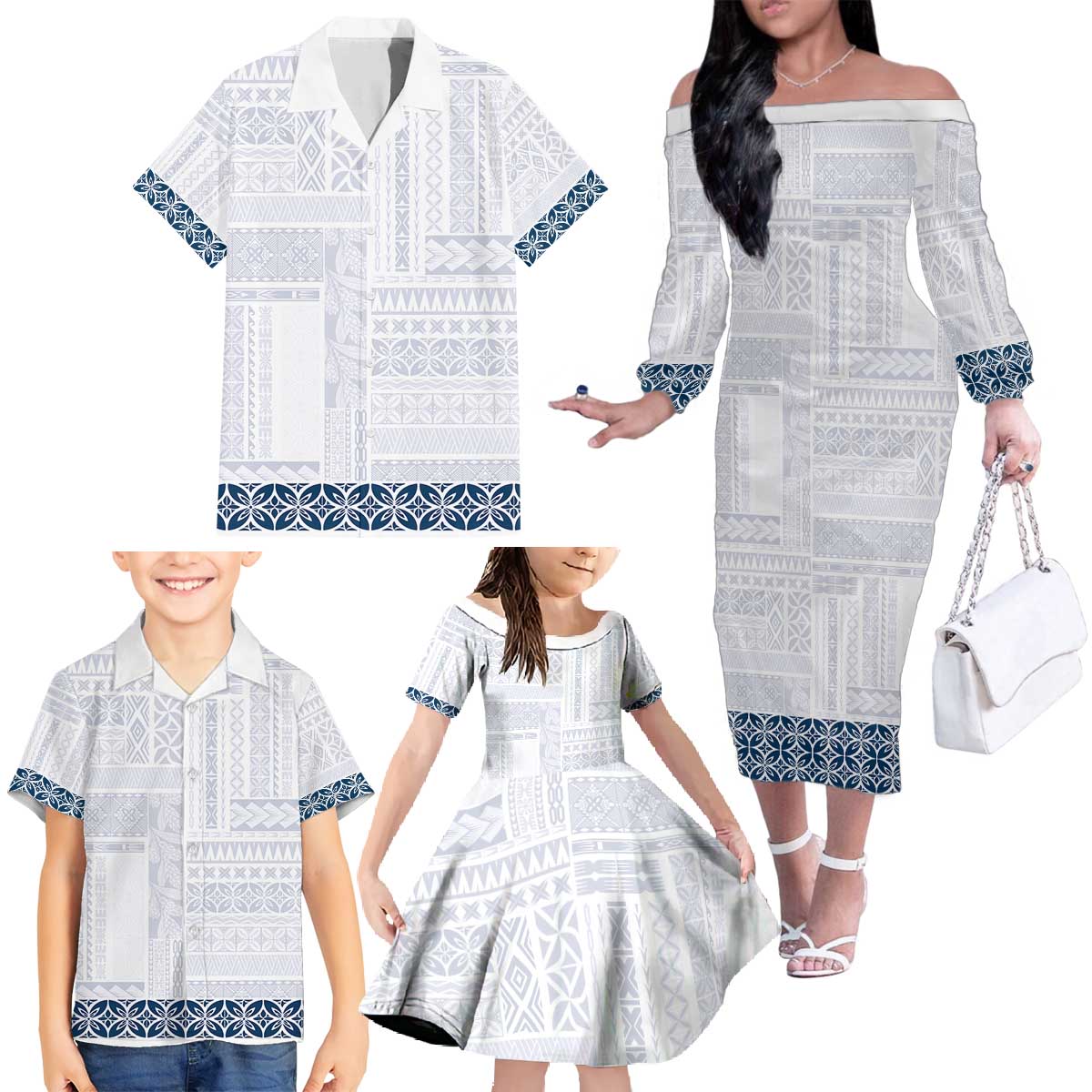 Samoa Siapo Blue Trimmed Family Matching Off The Shoulder Long Sleeve Dress and Hawaiian Shirt Samoa White Sunday - Polynesian Pride