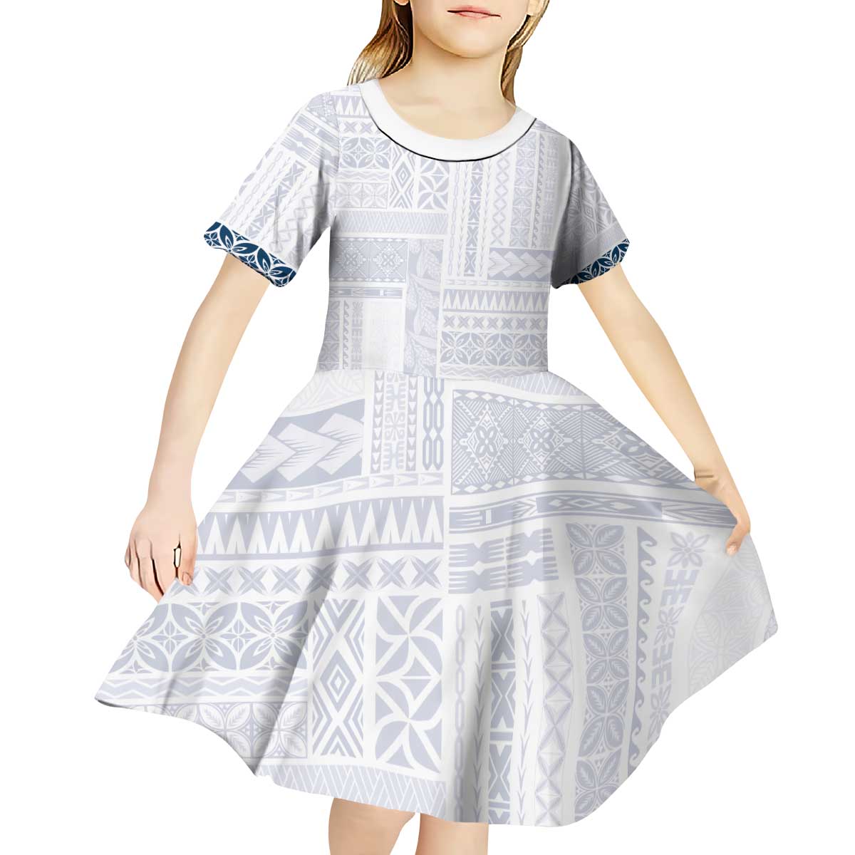 Samoa Siapo Blue Trimmed Kid Short Sleeve Dress Samoa White Sunday - Polynesian Pride