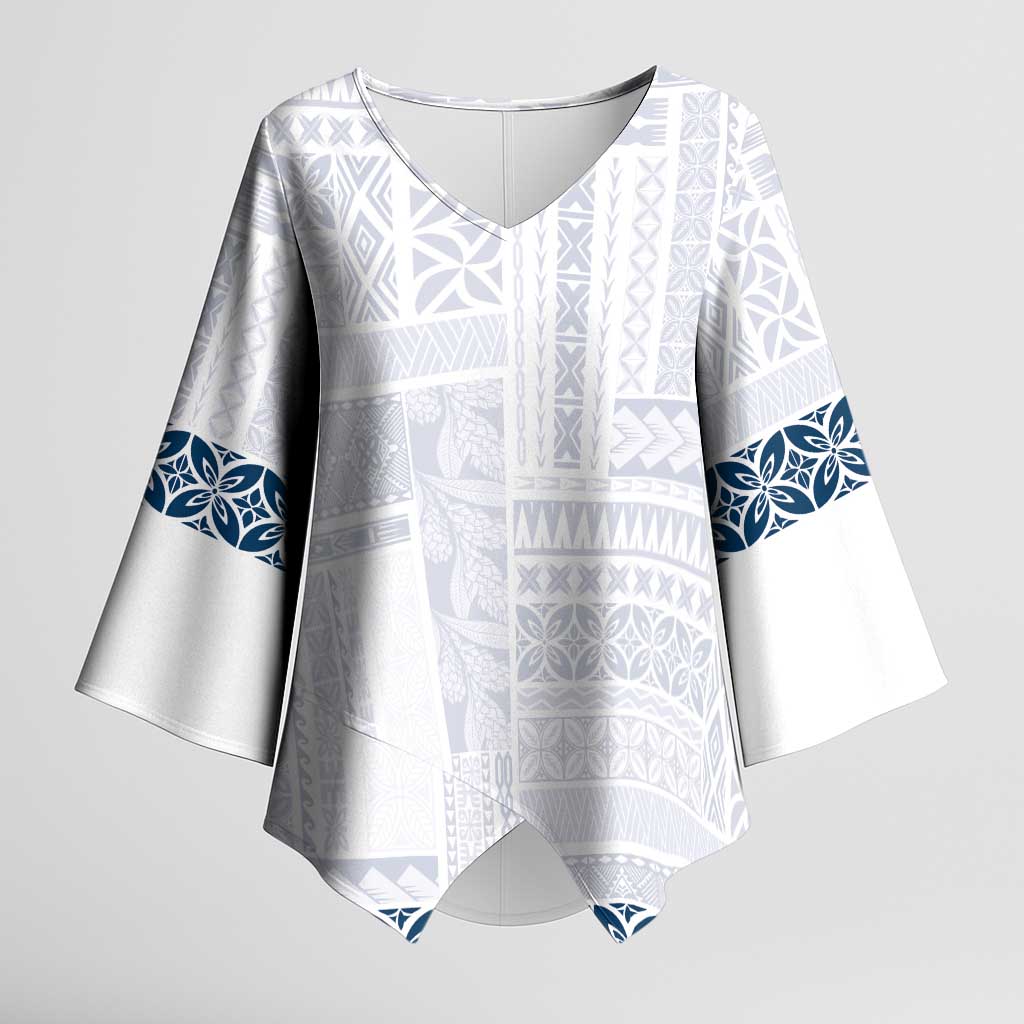 Samoa Siapo Blue Trimmed Kimono Sleeve Blouse Samoa White Sunday - Polynesian Pride