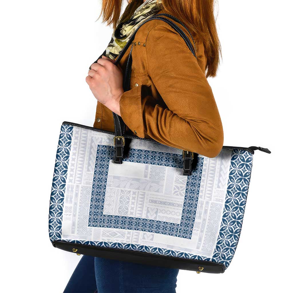 Samoa Siapo Blue Trimmed Leather Tote Bag Samoa White Sunday - Polynesian Pride