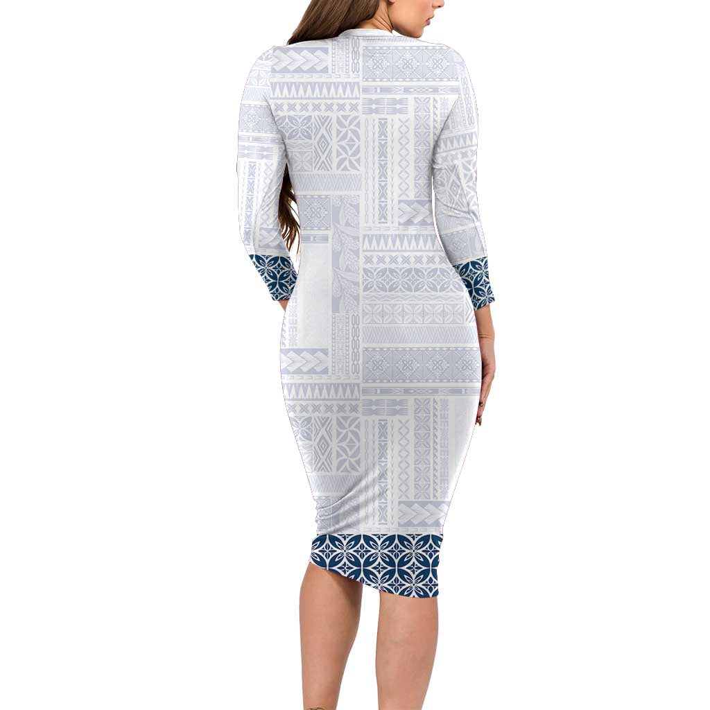 Samoa Siapo Blue Trimmed Long Sleeve Bodycon Dress Samoa White Sunday - Polynesian Pride