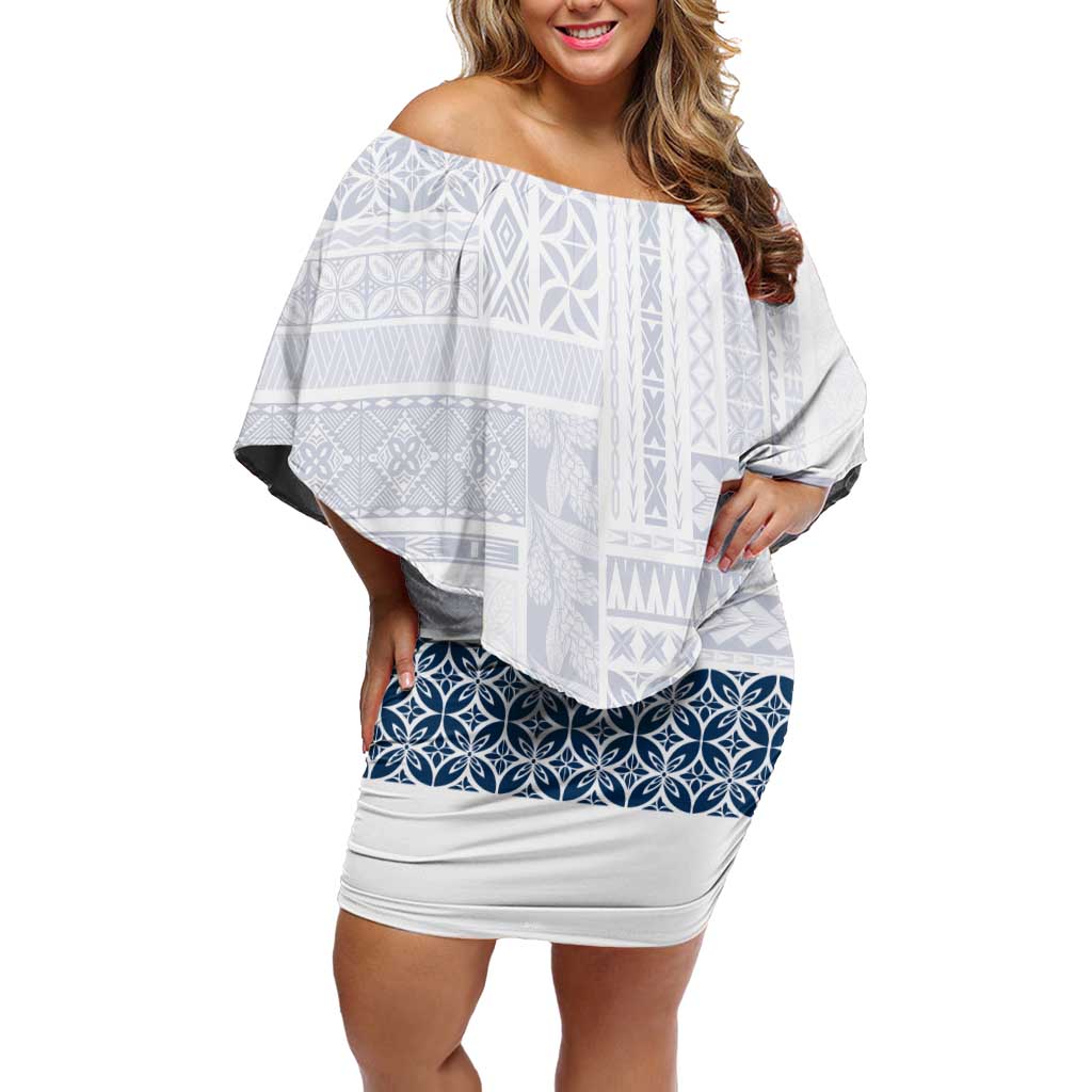 Samoa Siapo Blue Trimmed Off Shoulder Short Dress Samoa White Sunday - Polynesian Pride