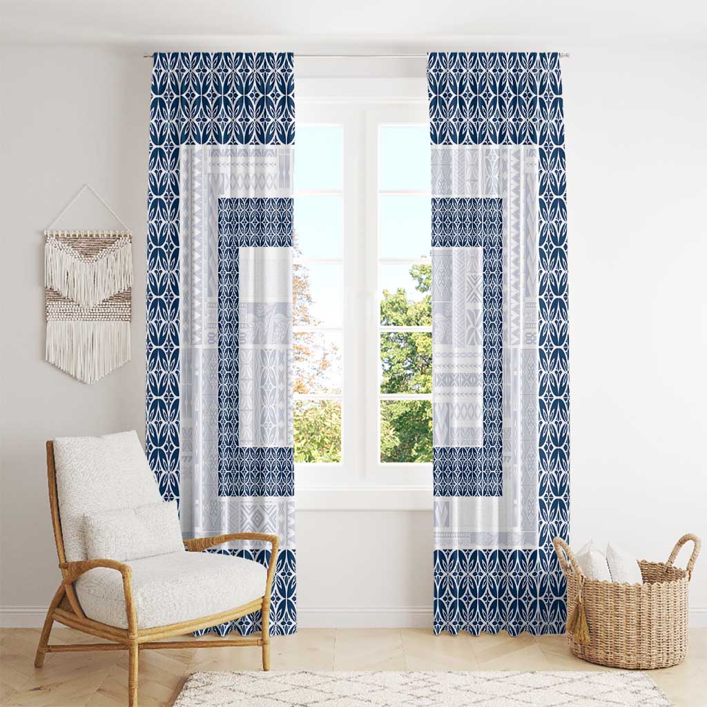 Samoa Siapo Blue Trimmed Window Curtain Samoa White Sunday - Polynesian Pride