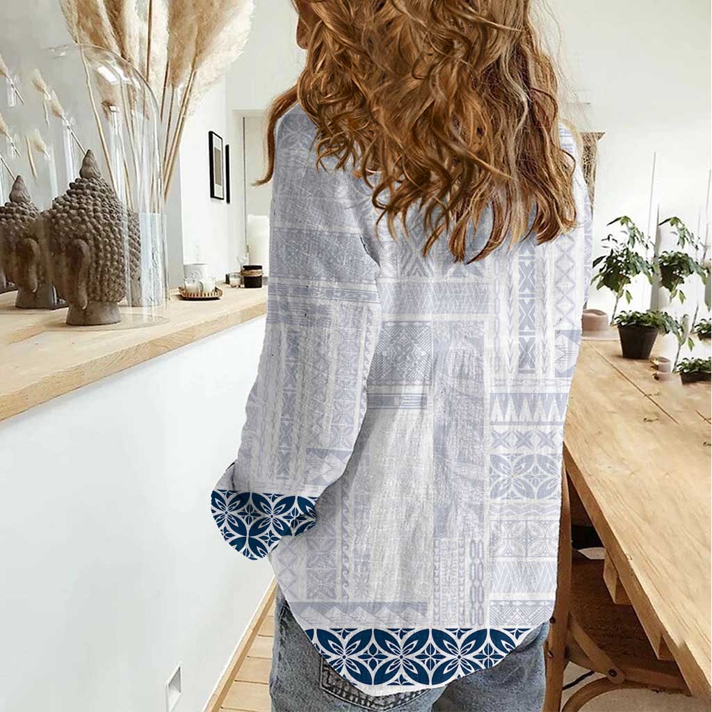 Samoa Siapo Blue Trimmed Women Casual Shirt Samoa White Sunday - Polynesian Pride