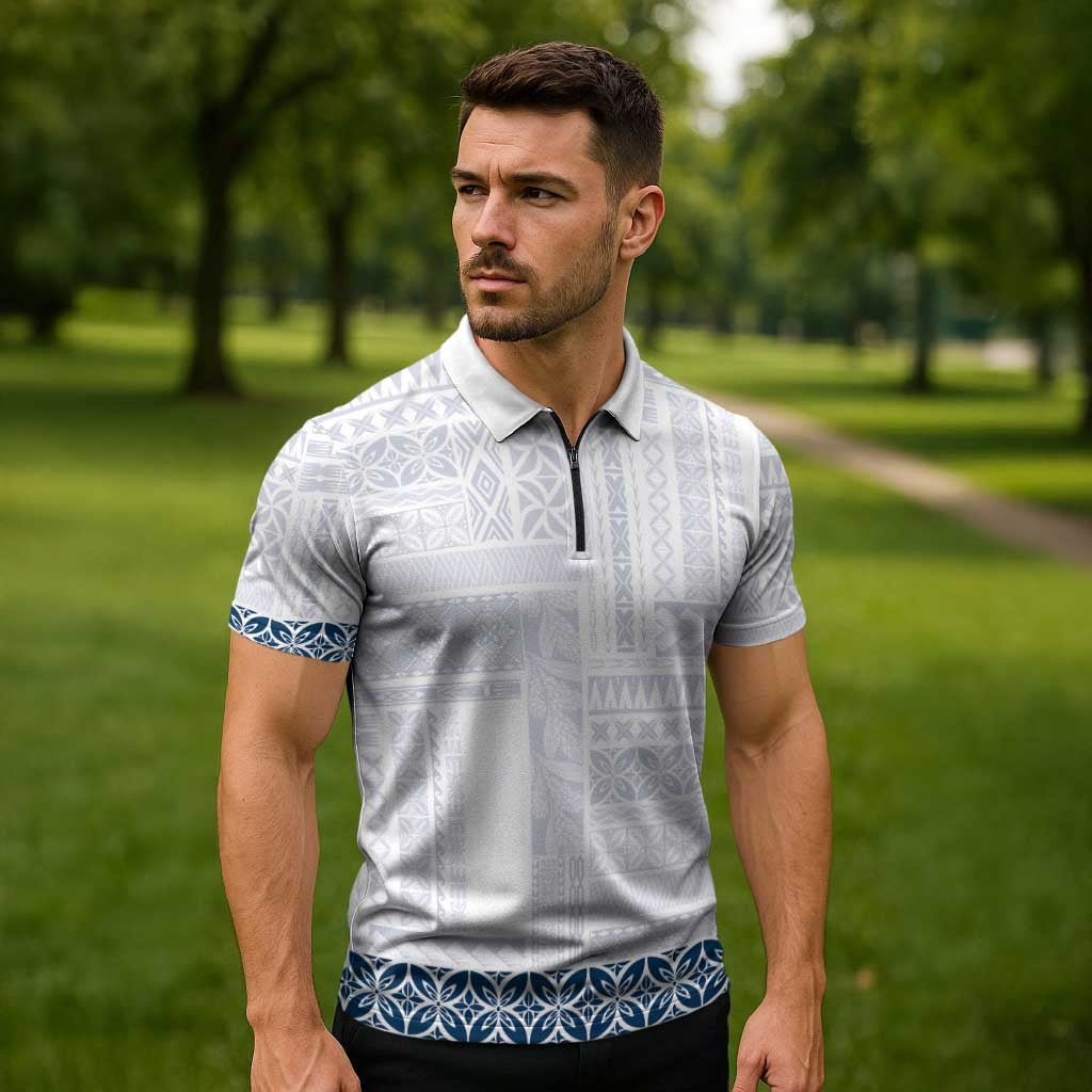 Samoa Siapo Blue Trimmed Zipper Polo Shirt Samoa White Sunday - Polynesian Pride