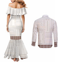 Samoa Siapo Brown Trimmed Couples Matching Mermaid Dress and Long Sleeve Button Shirt Samoa White Sunday - Polynesian Pride