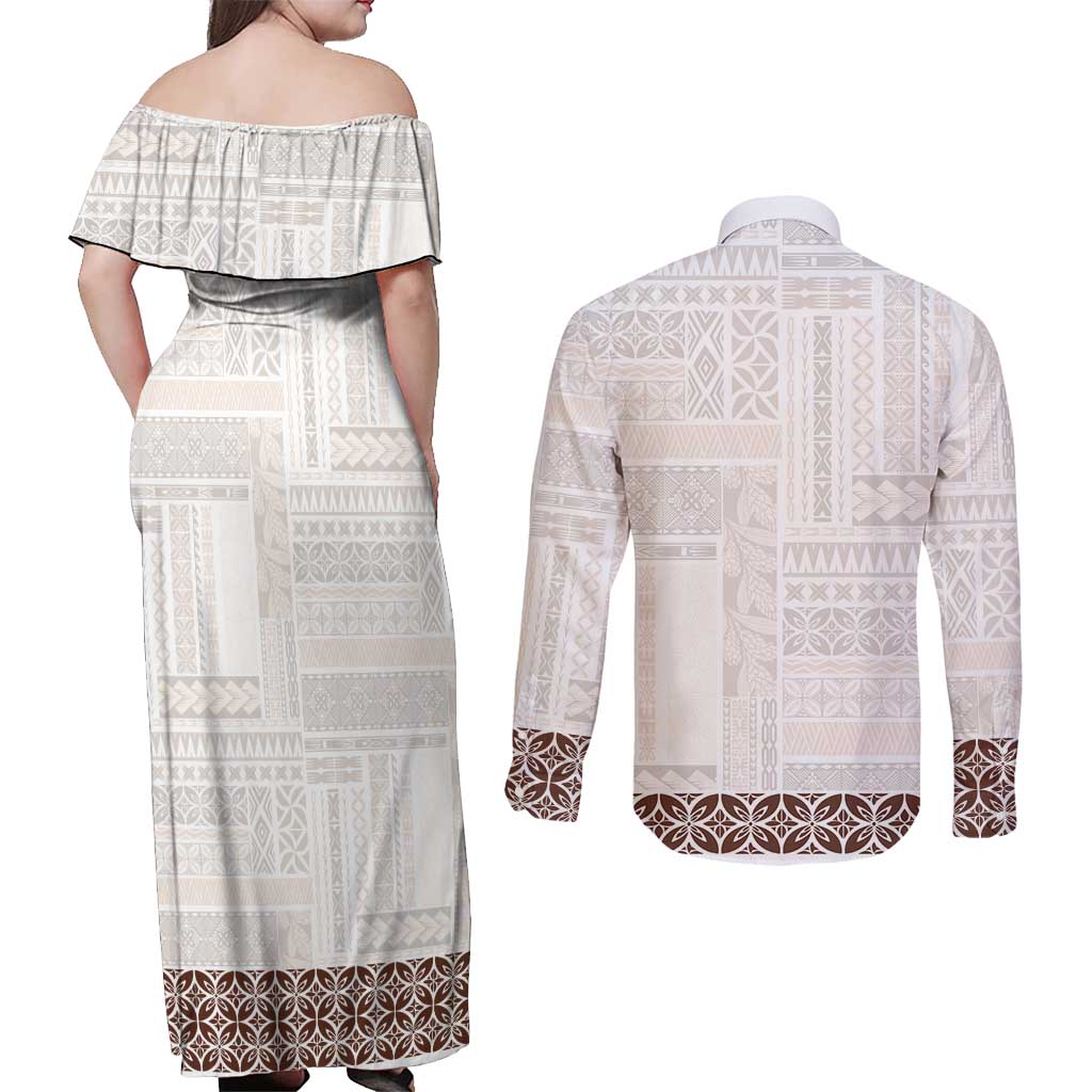 Samoa Siapo Brown Trimmed Couples Matching Off Shoulder Maxi Dress and Long Sleeve Button Shirt Samoa White Sunday - Polynesian Pride