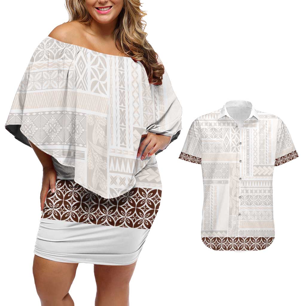 Samoa Siapo Brown Trimmed Couples Matching Off Shoulder Short Dress and Hawaiian Shirt Samoa White Sunday - Polynesian Pride