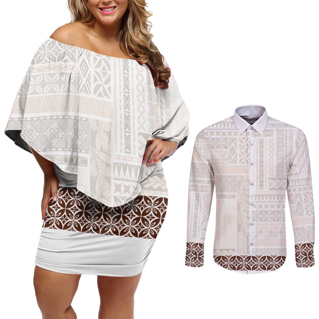 Samoa Siapo Brown Trimmed Couples Matching Off Shoulder Short Dress and Long Sleeve Button Shirt Samoa White Sunday - Polynesian Pride