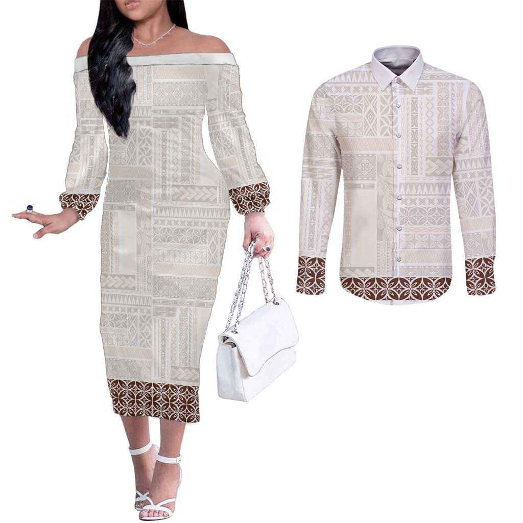 Samoa Siapo Brown Trimmed Couples Matching Off The Shoulder Long Sleeve Dress and Long Sleeve Button Shirt Samoa White Sunday - Polynesian Pride