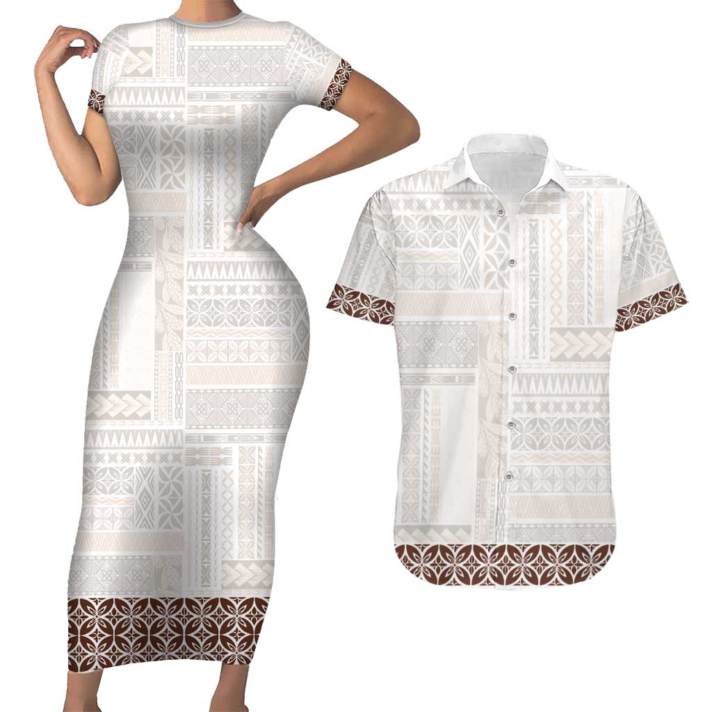 Samoa Siapo Brown Trimmed Couples Matching Short Sleeve Bodycon Dress and Hawaiian Shirt Samoa White Sunday - Polynesian Pride