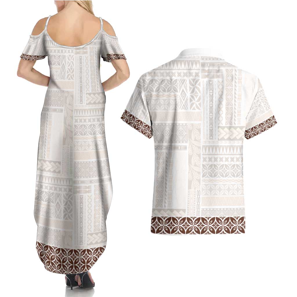 Samoa Siapo Brown Trimmed Couples Matching Summer Maxi Dress and Hawaiian Shirt Samoa White Sunday - Polynesian Pride