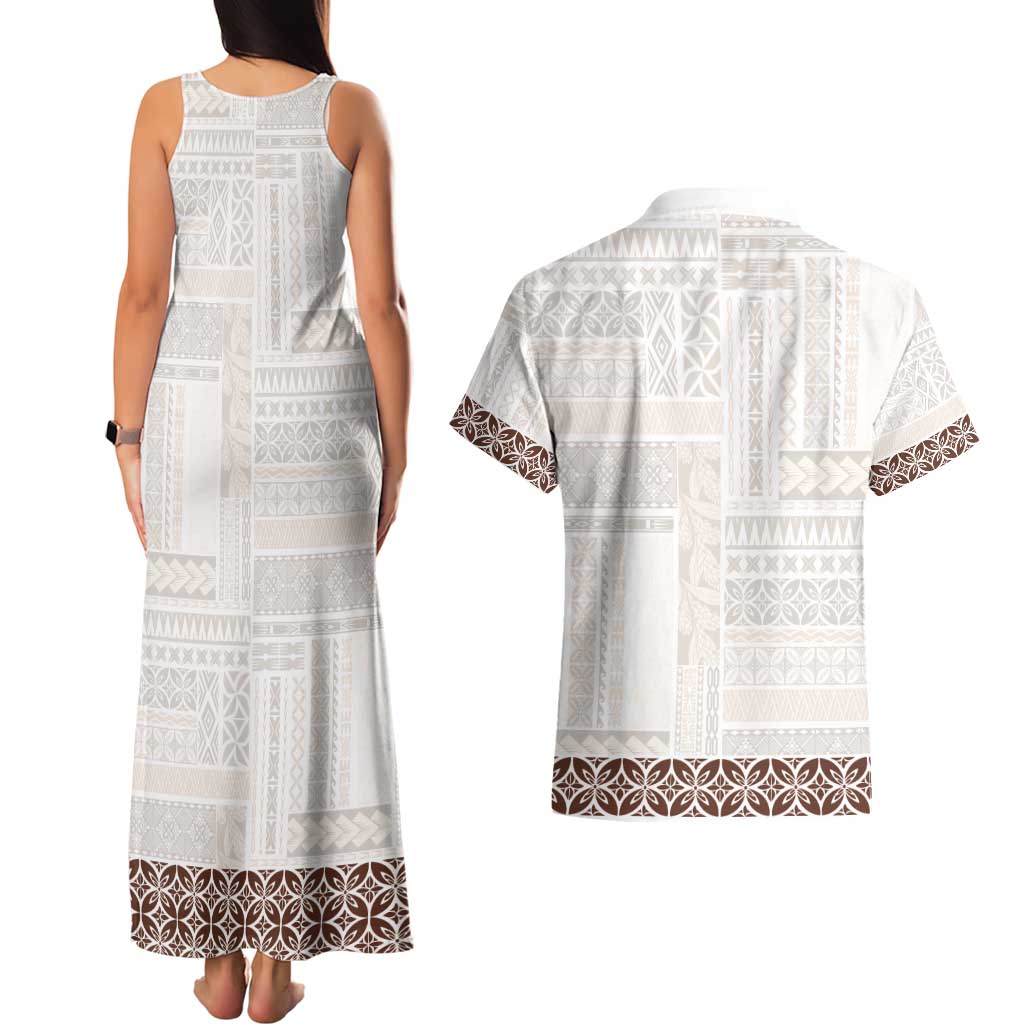 Samoa Siapo Brown Trimmed Couples Matching Tank Maxi Dress and Hawaiian Shirt Samoa White Sunday - Polynesian Pride