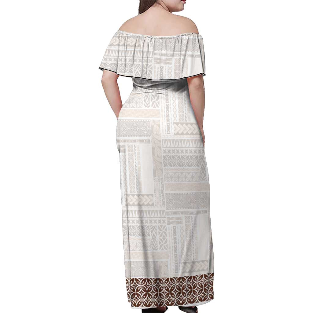 Samoa Siapo Brown Trimmed Family Matching Off Shoulder Maxi Dress and Hawaiian Shirt Samoa White Sunday - Polynesian Pride