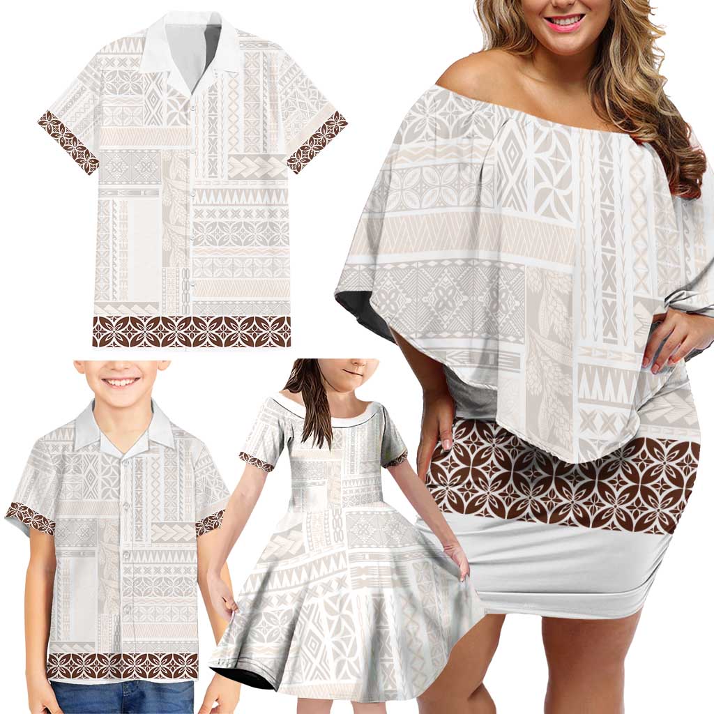 Samoa Siapo Brown Trimmed Family Matching Off Shoulder Short Dress and Hawaiian Shirt Samoa White Sunday - Polynesian Pride