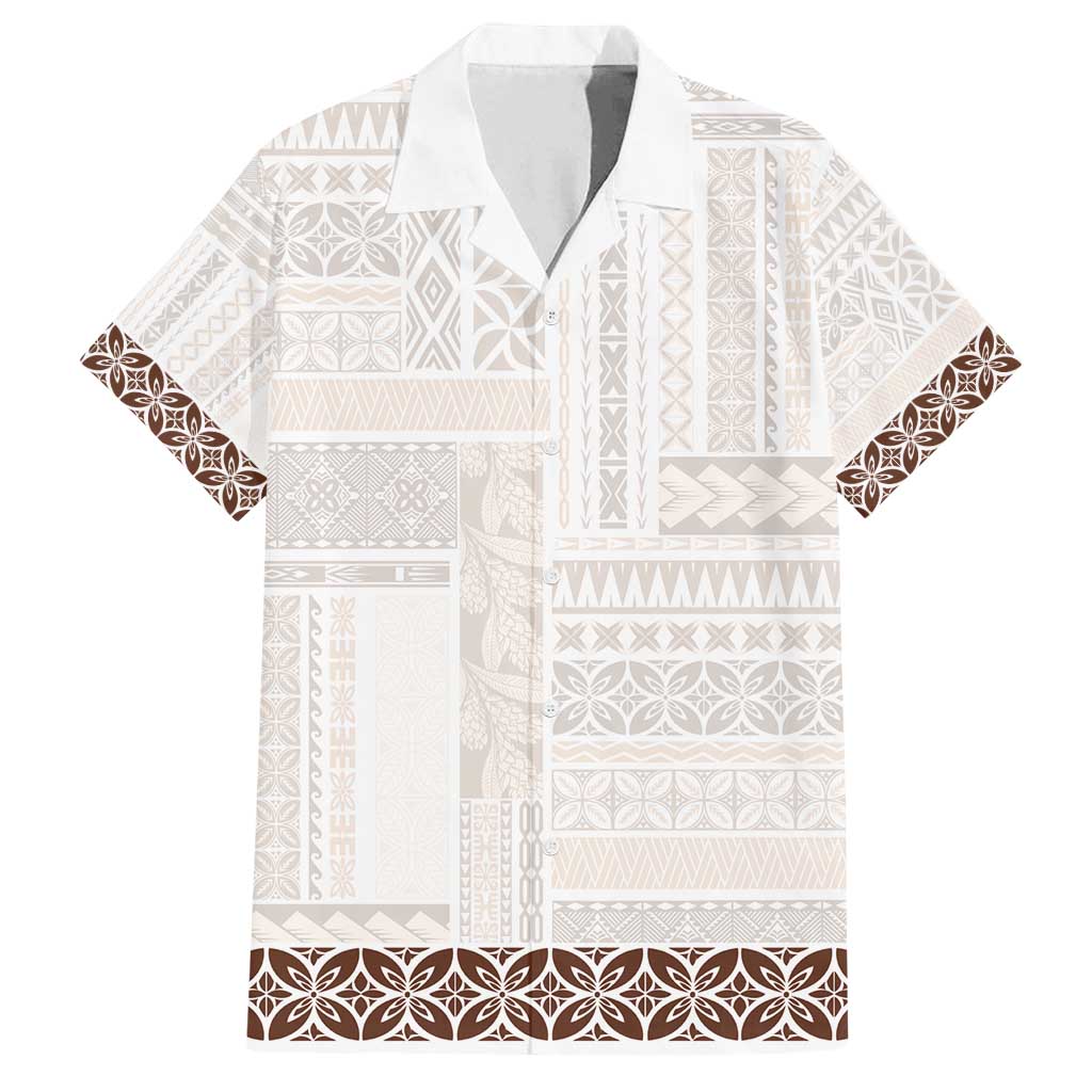 Samoa Siapo Brown Trimmed Family Matching Off Shoulder Short Dress and Hawaiian Shirt Samoa White Sunday - Polynesian Pride