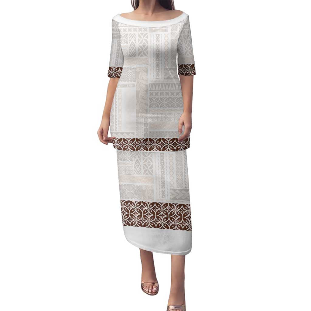 Samoa Siapo Brown Trimmed Family Matching Puletasi and Hawaiian Shirt Samoa White Sunday - Polynesian Pride