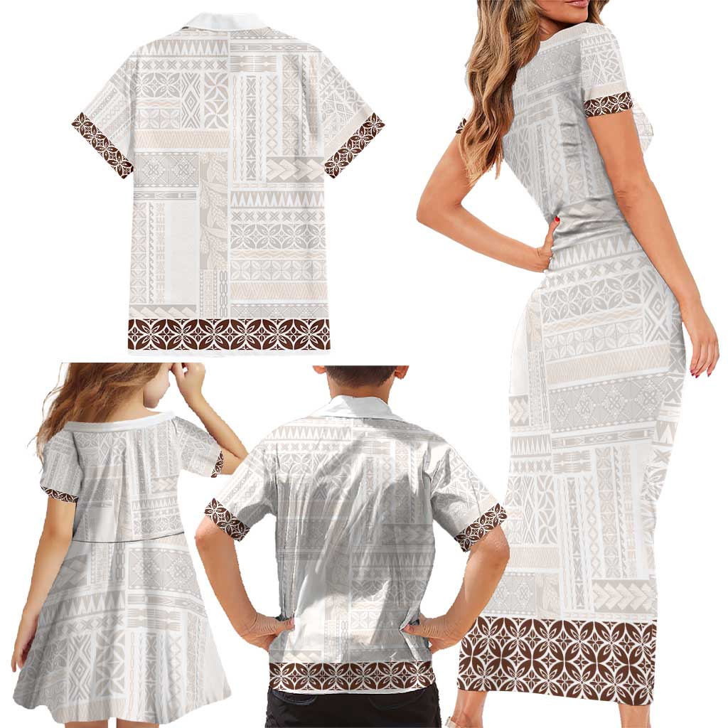 Samoa Siapo Brown Trimmed Family Matching Short Sleeve Bodycon Dress and Hawaiian Shirt Samoa White Sunday - Polynesian Pride
