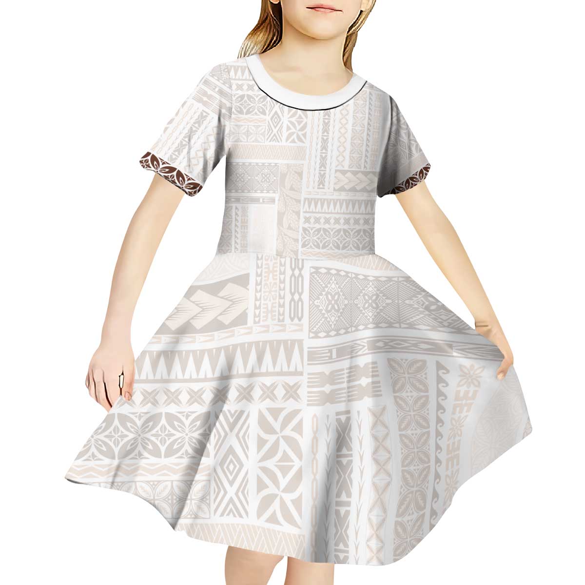 Samoa Siapo Brown Trimmed Kid Short Sleeve Dress Samoa White Sunday - Polynesian Pride