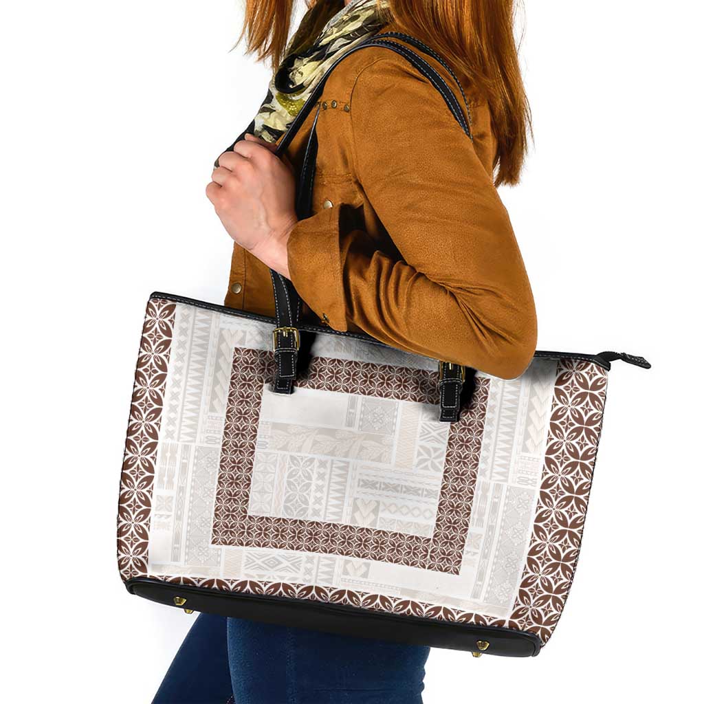 Samoa Siapo Brown Trimmed Leather Tote Bag Samoa White Sunday - Polynesian Pride