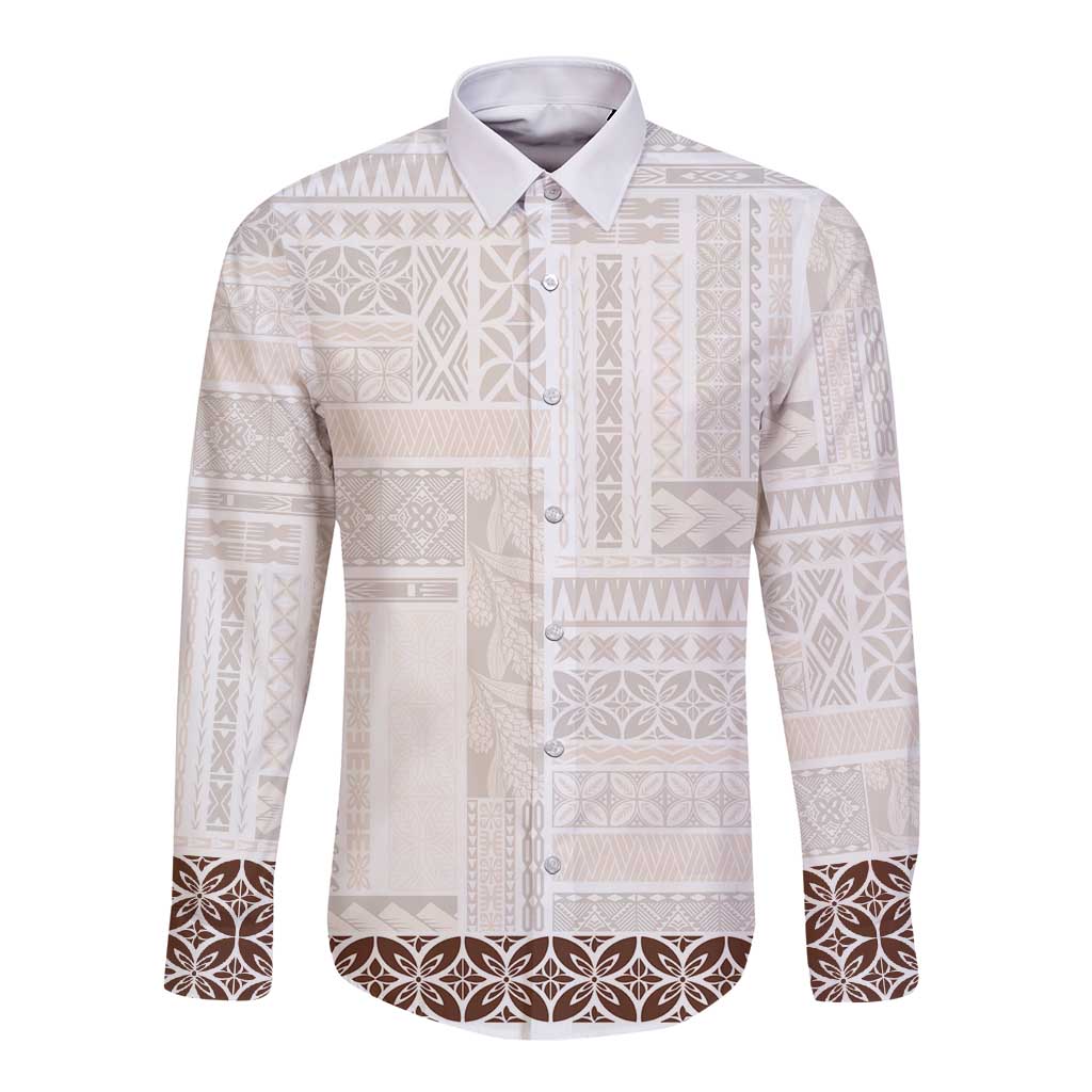 Samoa Siapo Brown Trimmed Long Sleeve Button Shirt Samoa White Sunday - Polynesian Pride