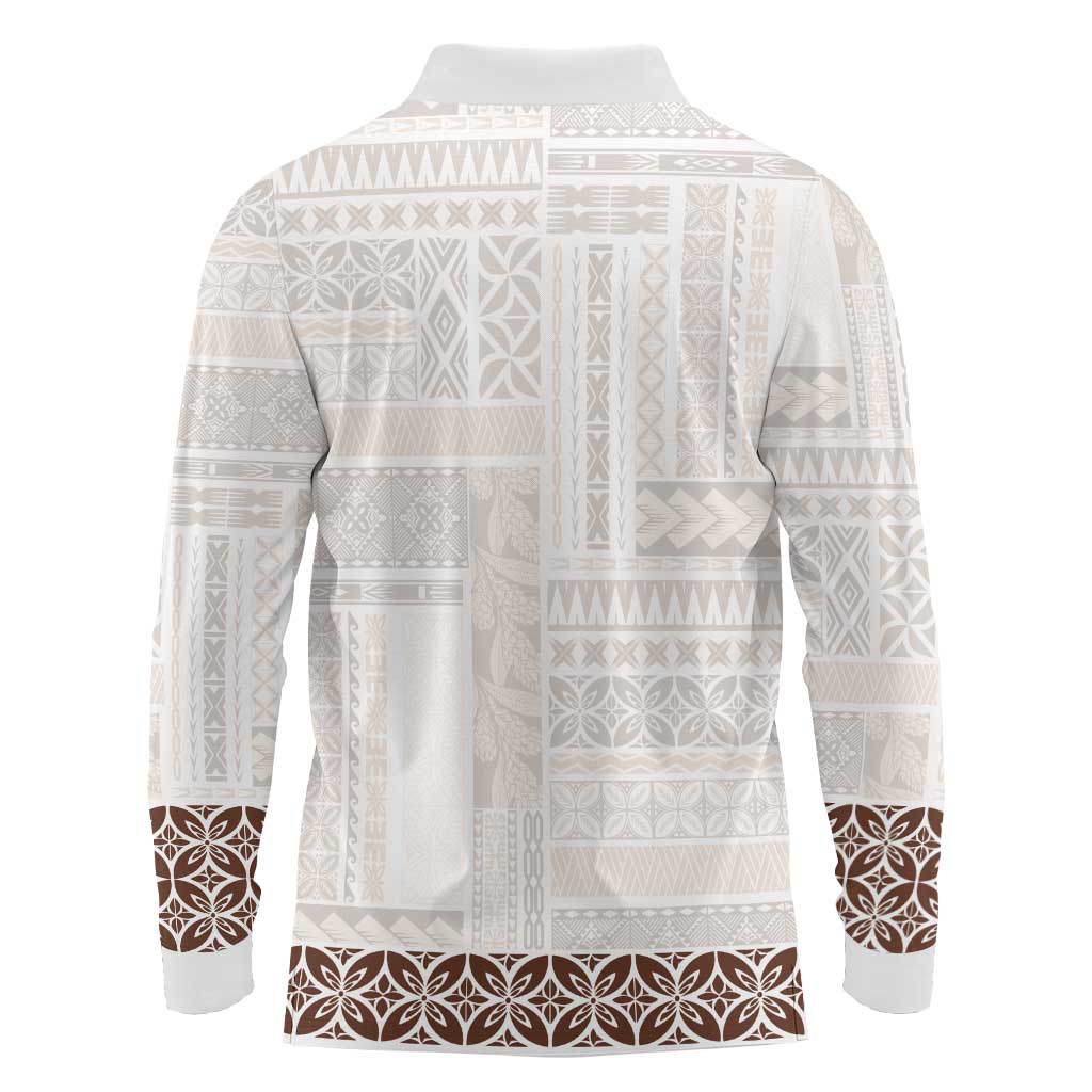 Samoa Siapo Brown Trimmed Long Sleeve Polo Shirt Samoa White Sunday - Polynesian Pride