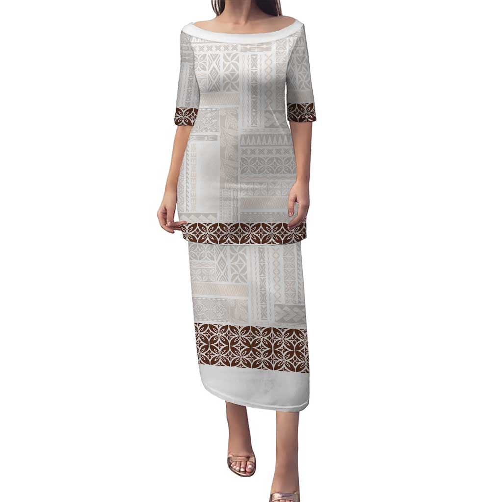 Samoa Siapo Brown Trimmed Puletasi Samoa White Sunday - Polynesian Pride