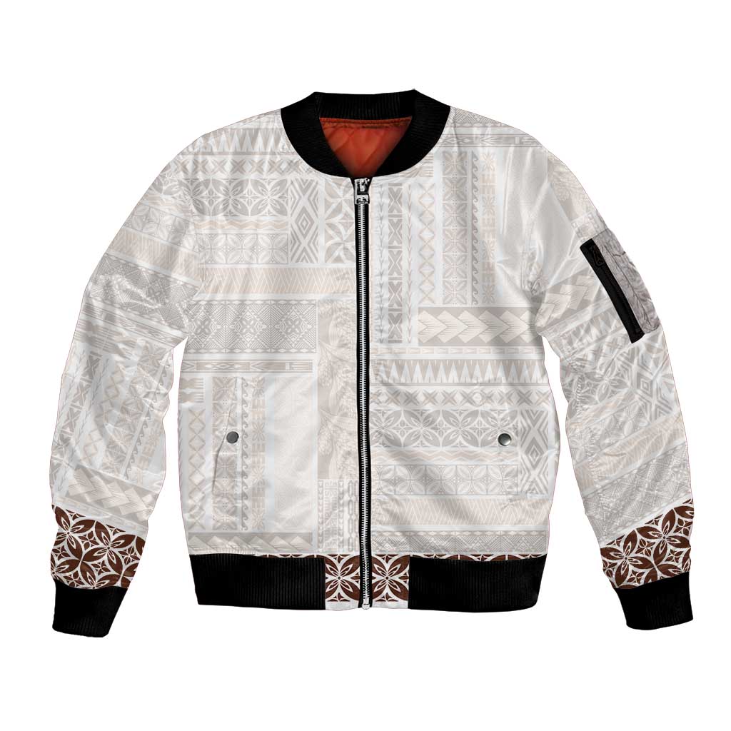 Samoa Siapo Brown Trimmed Sleeve Zip Bomber Jacket Samoa White Sunday - Polynesian Pride