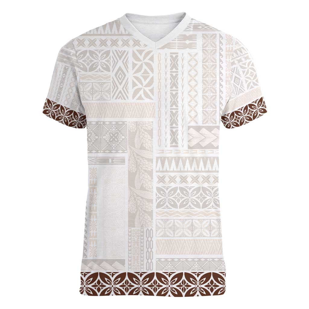 Samoa Siapo Brown Trimmed Women V-Neck T-Shirt Samoa White Sunday - Polynesian Pride