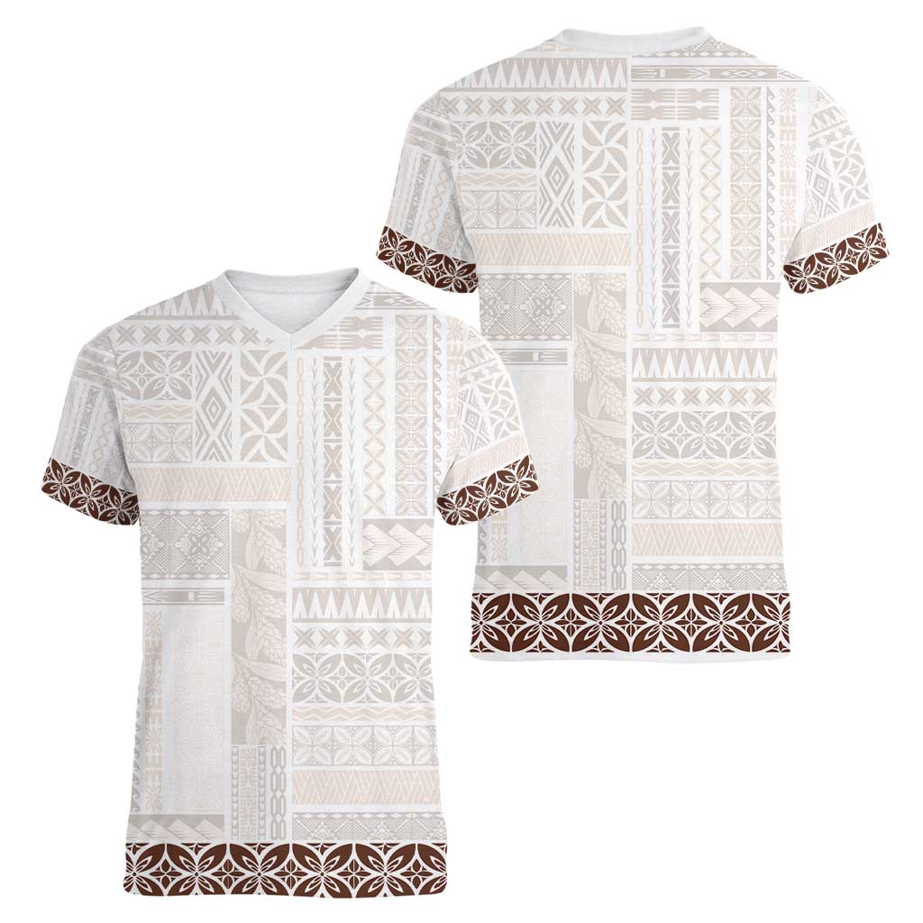 Samoa Siapo Brown Trimmed Women V-Neck T-Shirt Samoa White Sunday - Polynesian Pride