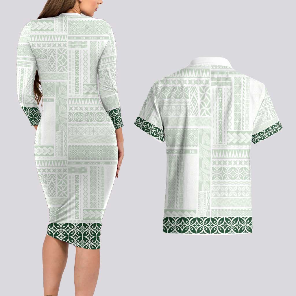 Samoa Siapo Green Trimmed Couples Matching Long Sleeve Bodycon Dress and Hawaiian Shirt Samoa White Sunday - Polynesian Pride