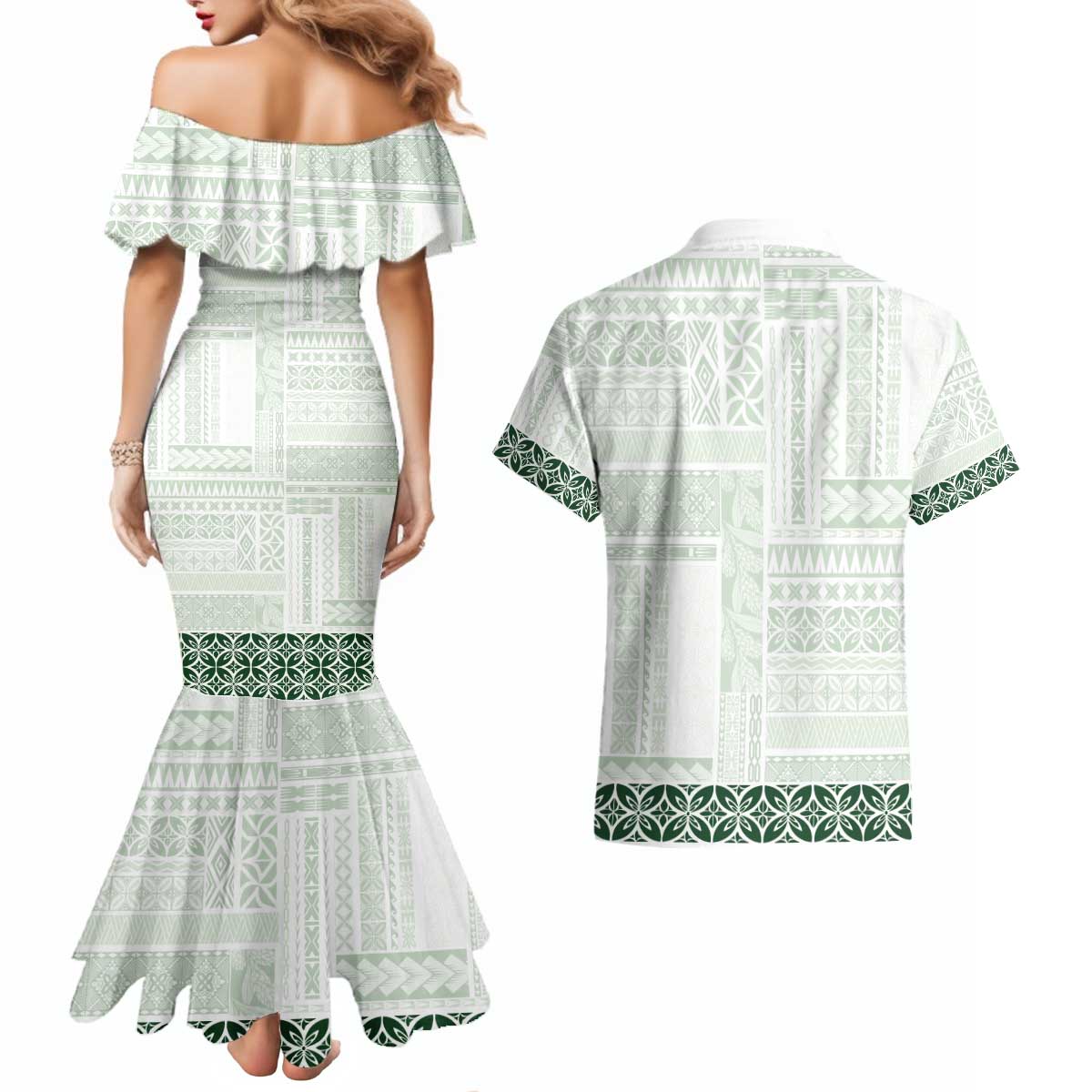 Samoa Siapo Green Trimmed Couples Matching Mermaid Dress and Hawaiian Shirt Samoa White Sunday - Polynesian Pride
