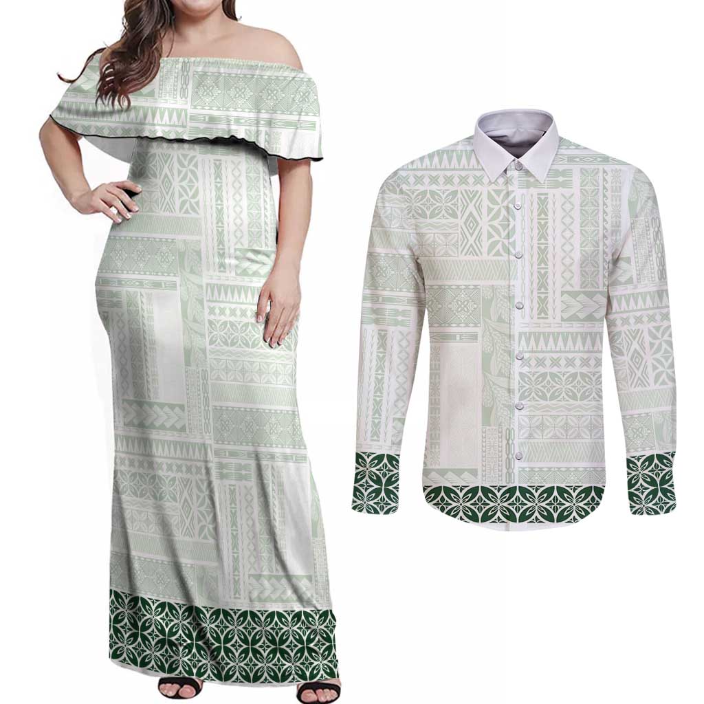 Samoa Siapo Green Trimmed Couples Matching Off Shoulder Maxi Dress and Long Sleeve Button Shirt Samoa White Sunday - Polynesian Pride