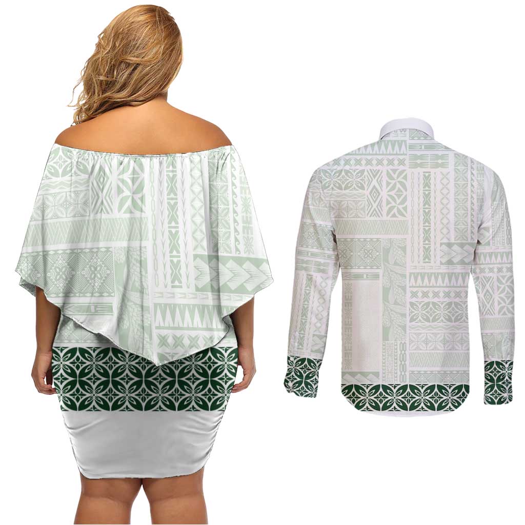 Samoa Siapo Green Trimmed Couples Matching Off Shoulder Short Dress and Long Sleeve Button Shirt Samoa White Sunday - Polynesian Pride