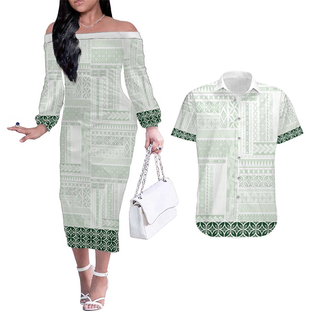 Samoa Siapo Green Trimmed Couples Matching Off The Shoulder Long Sleeve Dress and Hawaiian Shirt Samoa White Sunday - Polynesian Pride