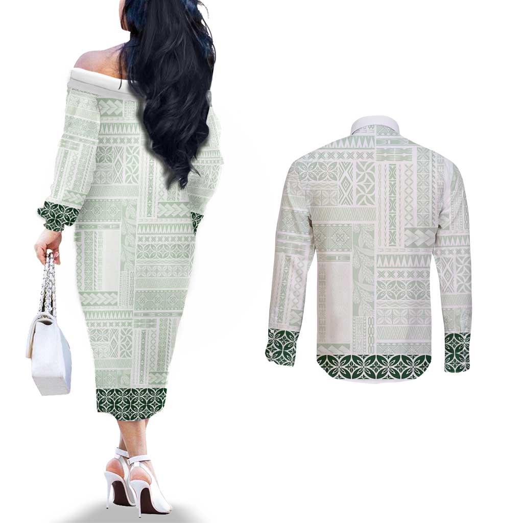 Samoa Siapo Green Trimmed Couples Matching Off The Shoulder Long Sleeve Dress and Long Sleeve Button Shirt Samoa White Sunday - Polynesian Pride