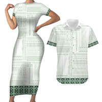 Samoa Siapo Green Trimmed Couples Matching Short Sleeve Bodycon Dress and Hawaiian Shirt Samoa White Sunday - Polynesian Pride