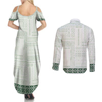 Samoa Siapo Green Trimmed Couples Matching Summer Maxi Dress and Long Sleeve Button Shirt Samoa White Sunday - Polynesian Pride