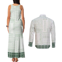 Samoa Siapo Green Trimmed Couples Matching Tank Maxi Dress and Long Sleeve Button Shirt Samoa White Sunday - Polynesian Pride