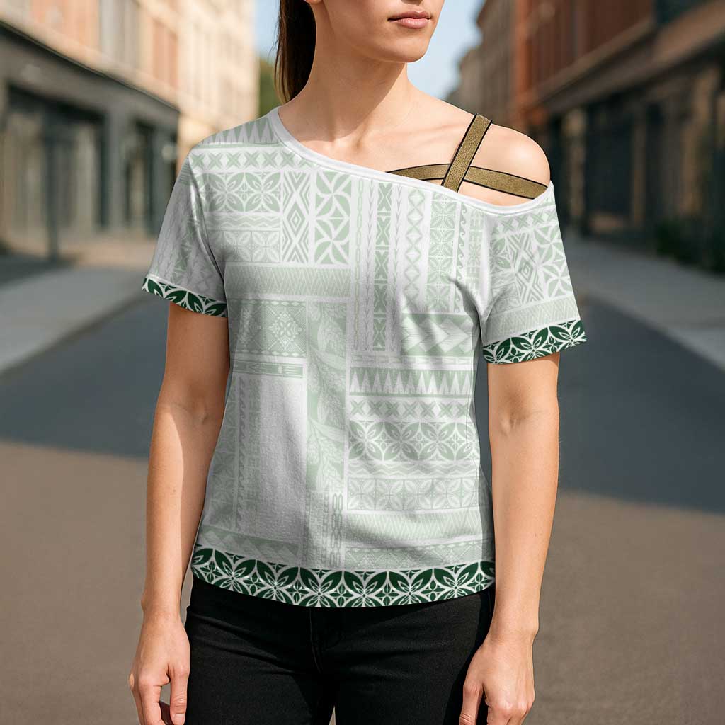 Samoa Siapo Green Trimmed Cross Shoulder Shirt Samoa White Sunday - Polynesian Pride
