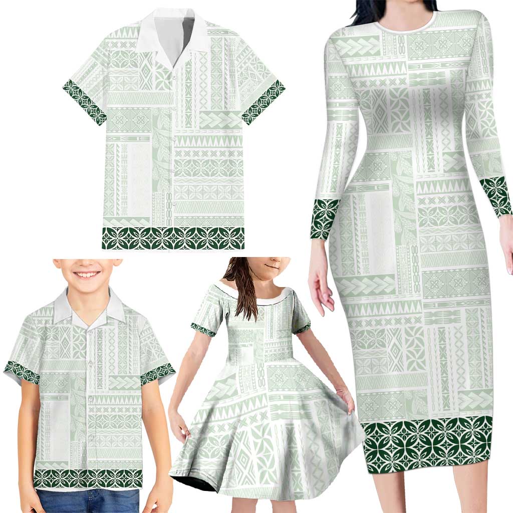 Samoa Siapo Green Trimmed Family Matching Long Sleeve Bodycon Dress and Hawaiian Shirt Samoa White Sunday - Polynesian Pride