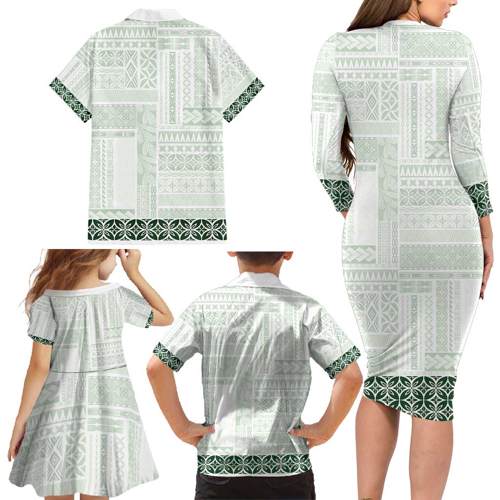 Samoa Siapo Green Trimmed Family Matching Long Sleeve Bodycon Dress and Hawaiian Shirt Samoa White Sunday - Polynesian Pride