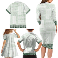 Samoa Siapo Green Trimmed Family Matching Long Sleeve Bodycon Dress and Hawaiian Shirt Samoa White Sunday - Polynesian Pride